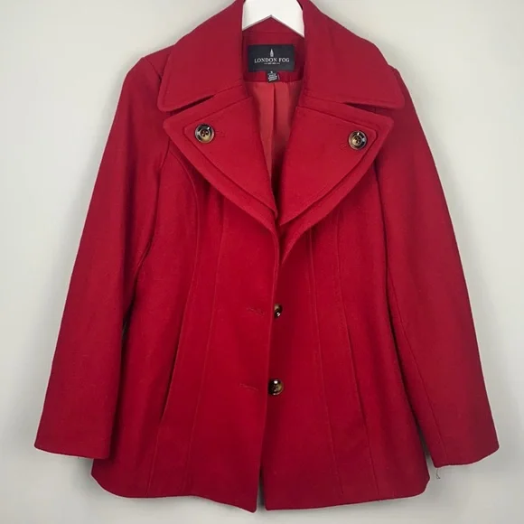 London Fog Red Collar Wool Blend Lined Pea Coat Size Small